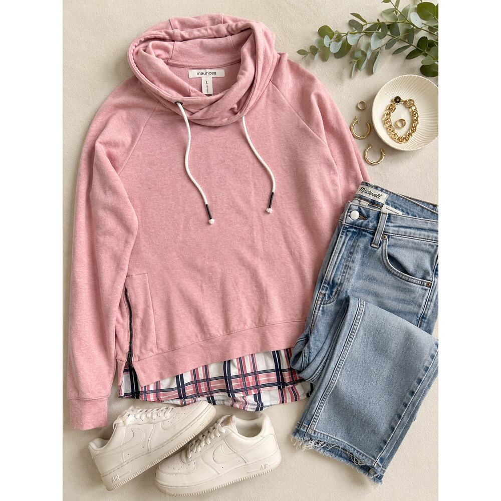 Maurices Pink Plaid Layered Hoodie Sweatshirt Size Large Casual Cozy Top